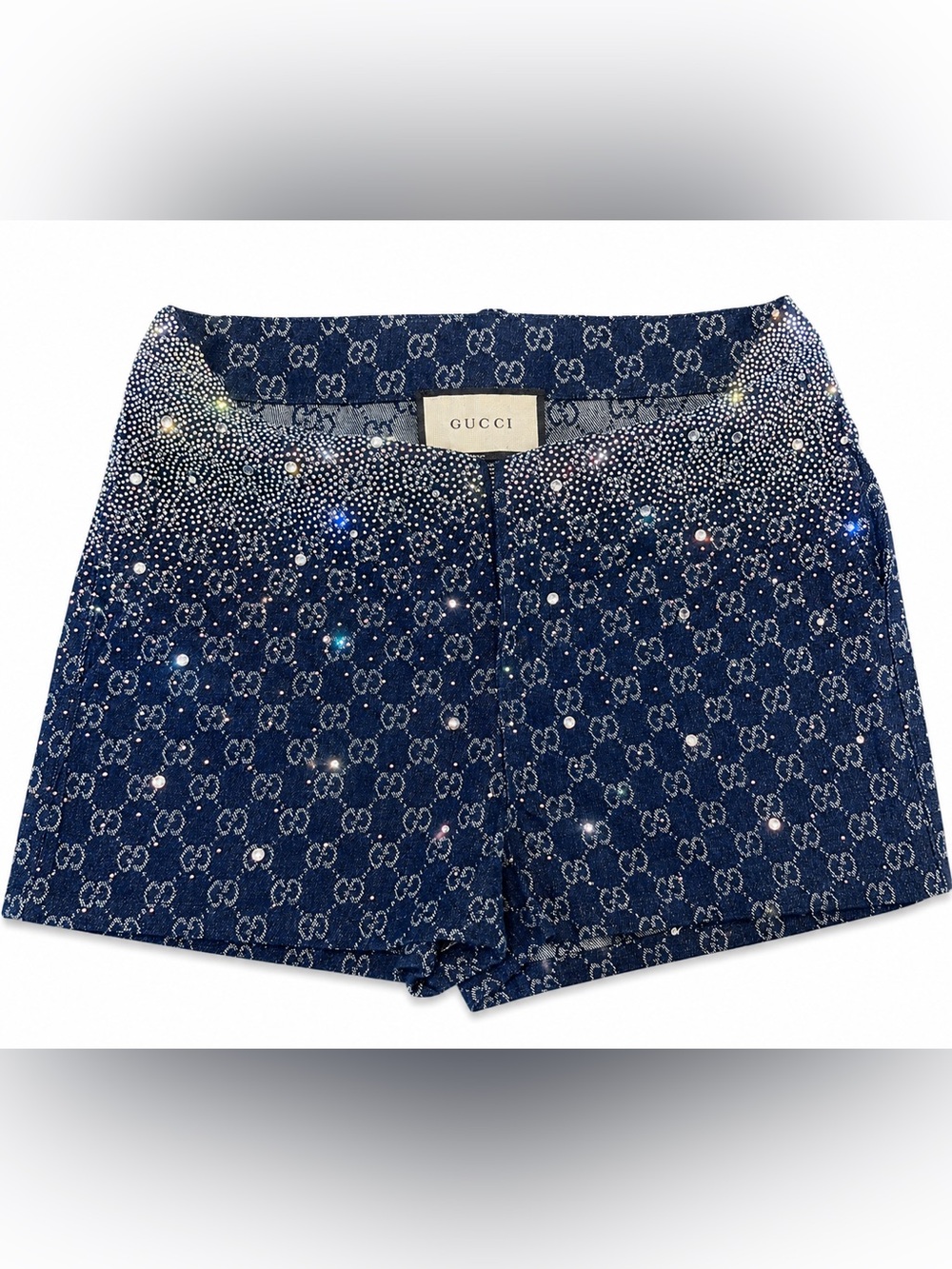 Gucci Navy monogram GG Crystal-Embellished Denim Shorts
